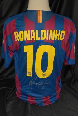 Ronaldinho Barcelona 2005-06 season signed shirt, 
 with this particular one a replica of that worn in the 2006 Champions League final, with embroider