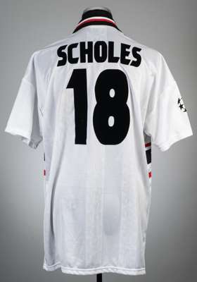 Paul Scholes white Manchester United no.18 away jersey, season 1997-98,
 Umbro, short-sleeved with UEFA STARBALL sleeve badge, club crest and sponsor 