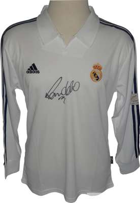 Ronaldo De Lima R9 signed Real Madrid 2001-02 European home replica shirt, 
 autographed by Ronaldo “The Phenomonen” to front in black sharpie, being 