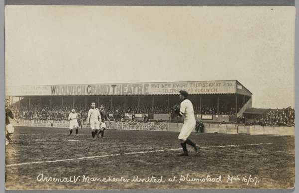 Woolwich Arsenal v Manchester United black and white postcard, 
 portraying action from the match played at Plumstead 16th March 1907, depicting the U