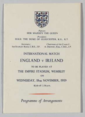 England v Ireland match Programme of Arrangements booklet 1959 that took place at Wembley Stadium on November 18th 1959