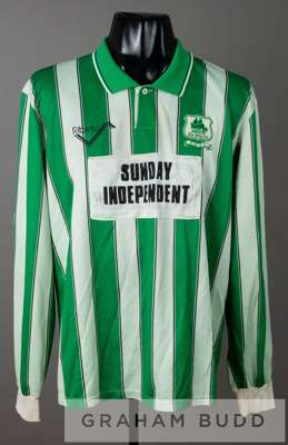 Green and white striped Plymouth Argyle no.3 jersey, circa 1991,
 by Ribero, long-sleeved with THE FOOTBALL LEAGUE sleeve badges, THE PILGRIMS club cr