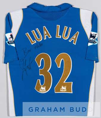Lomana Lua Lua signed blue and white Portsmouth no.32 home jersey, season 2006-07,
 short-sleeved with BARCLAYS PREMIERSHIP sleeve badges, club crest 