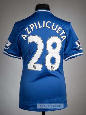 Cesar Azpilicueta signed blue Chelsea no.28 home jersey, season 2013-14,
 Adidas, short-sleeved with BARCLAYS PREMIER LEAGUE sleeve badges, club crest