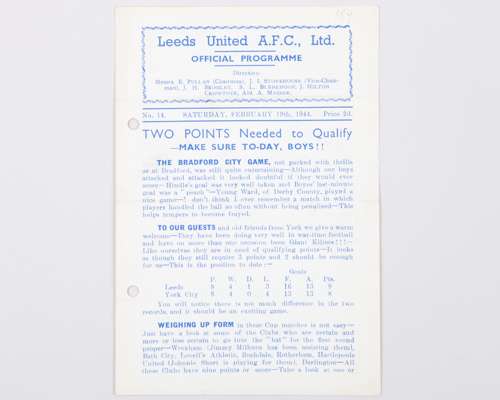 Leeds United v. York City match programme, 19th February 1944