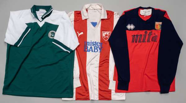 An international and two European club football jerseys,
 comprising a green and white Pakistan no.8 jersey, circa 2001, Sapphire Sports, short-sleeve