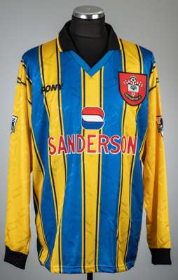 Matt Le Tissier blue and yellow striped Southampton no.7 third choice jersey, season 1997-98,
 Pony, short-sleeved with THE FA PREMIER LEAGUE sleeve b
