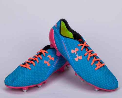 Memphis Depay blue, orange and pink Under Armour match worn football boots, 2015-16