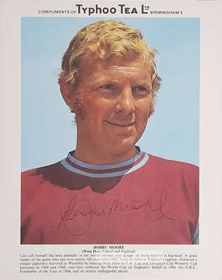 England and West Ham United's Bobby Moore signed Ty-Phoo 3rd series photograph card, 
 legendary captain has neatly and boldly signed this item in bla