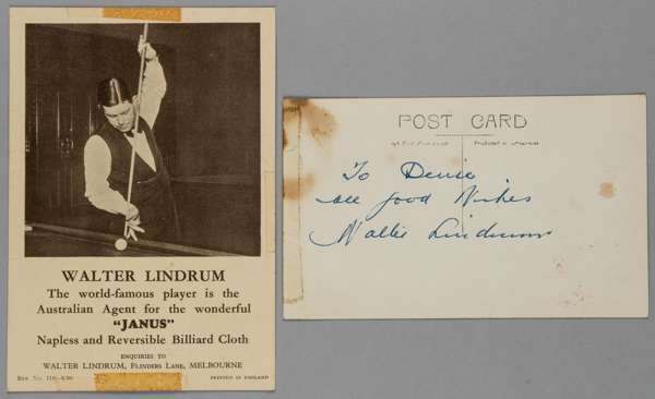 Walter Lindrum collection of Billiards related items,
 including signed, inscribed and dedicated postcard, an advertising card for ‘Janus’ Billiard cl