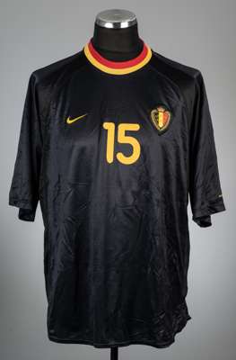 Jacky Peeters black Belgium 2000 European Championship no.15 away jersey,
 Nike, short-sleeved with embroidered national emblem badge, red and yellow 
