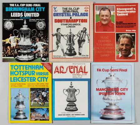 F.A Cup semi-final programmes, 1971-85,
 believed complete with replays, Derby County v Manchester United, 3rd April 1976; and further examples, major
