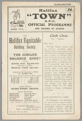 A programme for Halifax Town's first ever Football League home match v Darlington 3rd Septemebr 1921,
 F.L. Division Three fixture