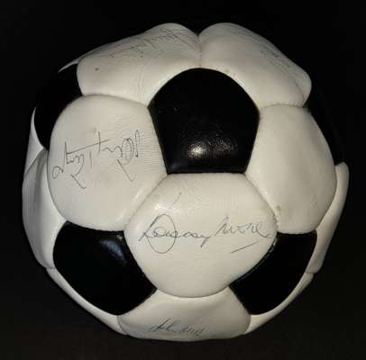 West Ham United signed vintage football from 1970-72 era, 
 featuring eleven autographs of club captain Bobby Moore, Billy Bonds, Trevor Brooking, Geo