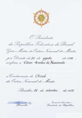 Ex-Pelé Collection: A Brazilian National Order of Merit citation presented to Pelé in 1991 by then President of Brazil Fernando Collor de Mello,
 hono