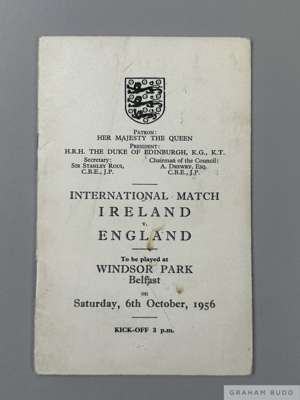 An England v Ireland player itinerary, 
 from the game that took place at Windsor Park, Belfast on Sunday 6th October 1956 and signed in pen on the in