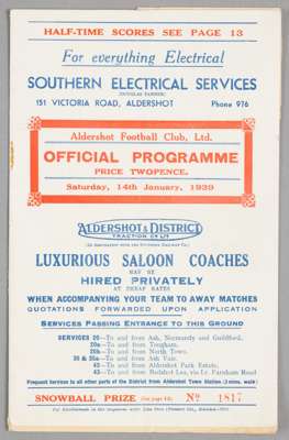 Two 1930s Aldershot programmes,
 an away at Walsall  20th November 1937 and a home v Torquay United 14th January 1939,
 both F.L. Division Three (Sout