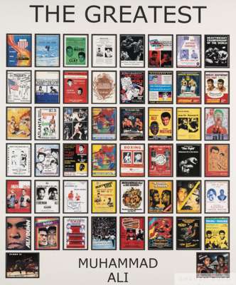 Display of fifty reproduction fight picture cards of Muhammad Ali 
 The Greatest, in common-mount, framed and glazed, 81 by 73cm overall