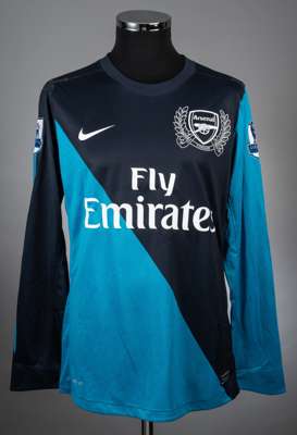 J.Y Park dark blue/ turquoise Arsenal no.9 away jersey 2011-12 season, 
 Player issued long sleeved NIKE example with the Premier League badges on bot