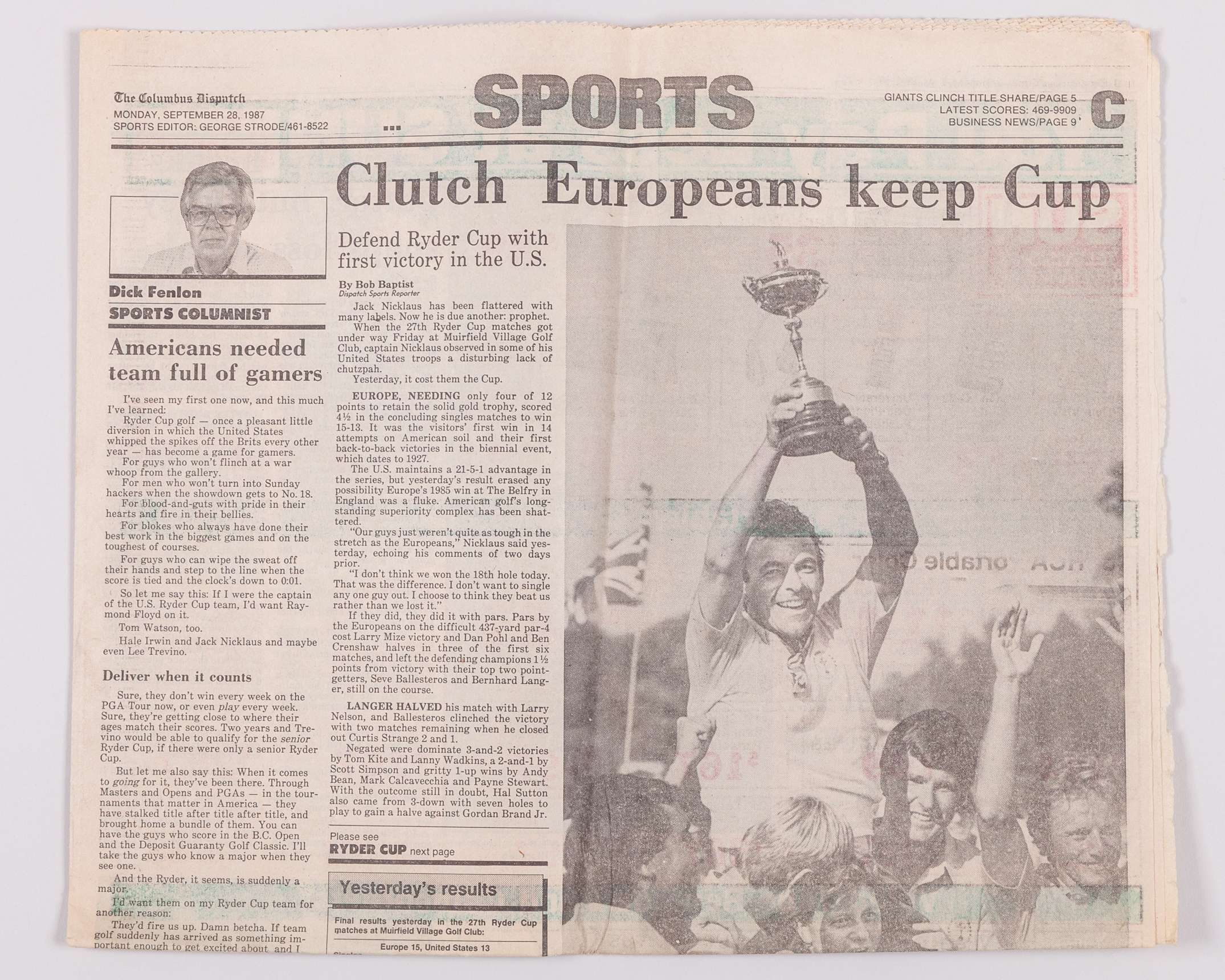 1987 Ryder Cup memorabilia, comprising: captain Tony Jacklin's