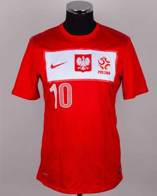 Ludovic Obraniak red and white No.10 Poland short-sleeved shirt, 2012-13