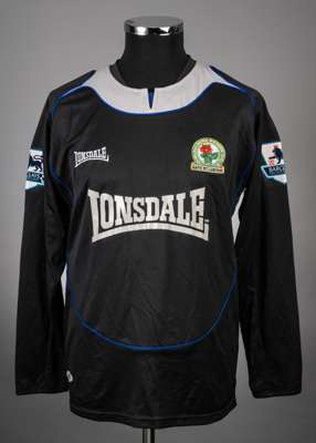 Craig Bellamy black and grey No.11 Blackburn Rovers long-sleeved jersey, 2005-06, 
 Lonsdale, M, with crew-neck collar and embroidered badge inscribed