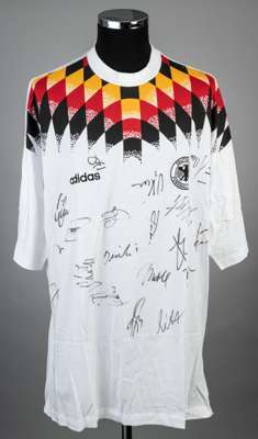 Squad signed West Germany training t-shirt from Italia '90,
 Adidas, short-sleeved with national emblem, signed in black marker pen by approximately 2
