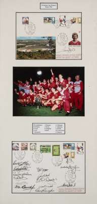Liverpool European Cup Winners Rome 1984 photograph with two signed FDC's display,
 central colour team photograph, 16.5 by 24cm. with two signed FDC'