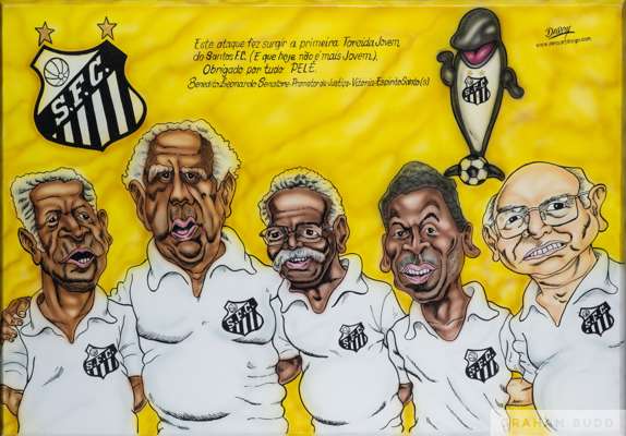 A framed aerosol on canvas caricature of Pelé along with other famous Santos FC players, 
 inscribed "Este ataque fez surgir a primeira Torcida Jovem 
