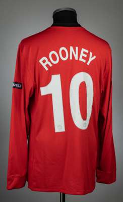 Wayne Rooney red & black Manchester United UEFA Champions League no.10 home jersey, season 2009-10,
 match issue, Nike, long-sleeved with UEFA STARBAL