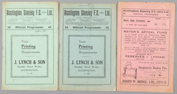 Three Accrington Stanley home programmes,
 F.L. Division Three North fixtures, two from season 1925-26 v Ashington & Bradford P.A., and v Halifax Town