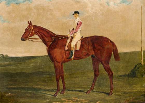 Follower of John Frederick Herring Snr. (1795-1865) MR ISAAC SADLER'S ''DANGEROUS'', WINNER OF THE 1833 DERBY, WITH JEM CHAPPLE UP, oil on canvas, 33 