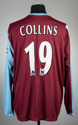 James Collins claret and blue West Ham United no.19 home jersey, season 2006-07,
 Reebok, long-sleeved with BARCLAYS PREMIERSHIP sleeve badges, club c