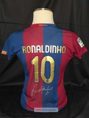 Ronaldinho signed Barcelona home women's jersey, 
 autographed to rear below his shirt no.10, he made 145 appearances for Barcelona scoring 70 goals f