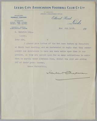 Arsenal's & Leeds City's Herbert Chapman signed letter, dated 1915 on official letterhead,
 signed by Secretary Herbert Chapman on notepaper dated Nov
