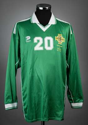 Green & white Northern Ireland no.20 jersey v France, played at Windsor Park, 18th August 1999,
 match-issue, Patrick, long-sleeved with national embl