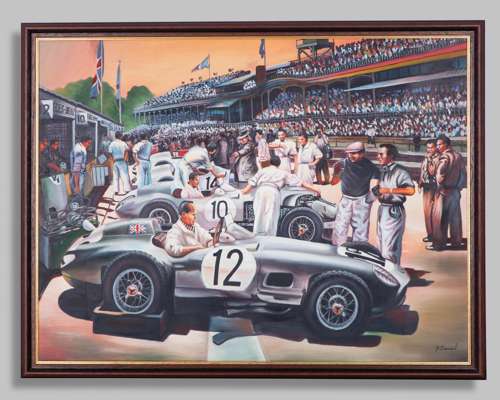 1955 Aintree British GP Paddock Original Framed Oil Canvas Painting