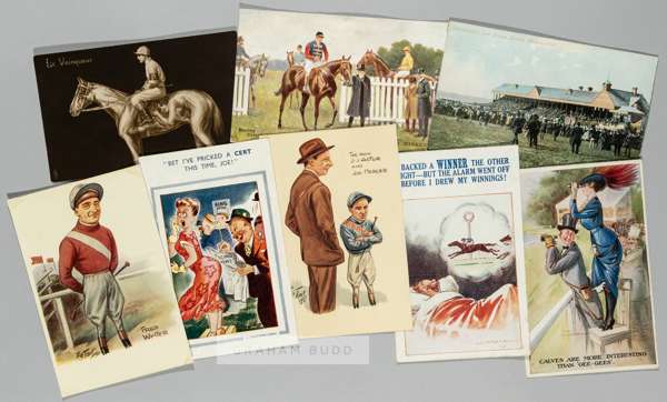 Horse racing postcards collection,
 subjects including overseas issues, views of racecourses, raceday crowds, artist drawn, caricatures, advertising, 