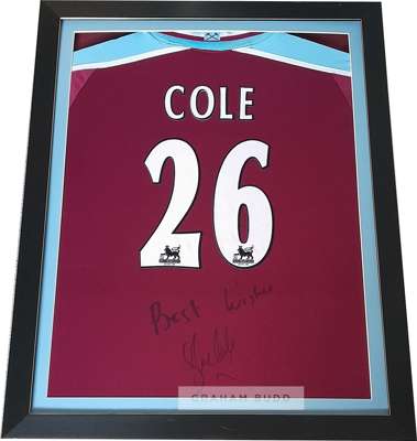 Joe Cole signed West Ham United replica jersey,
 reverse mounted to display signature on back of the shirt in black marker and inscribed BEST WISHES, 
