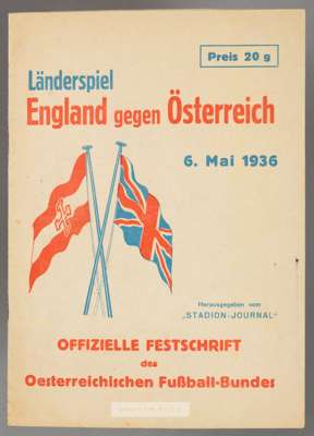 Austria v England international programme played in Vienna 6th May 1936,
 16-page with stiff outer covers, very good condition