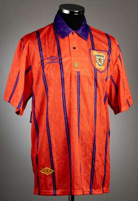 Orange and purple Scotland no. 2 away jersey, circa 1993,
 Umbro, short-sleeved with Scottish national emblem and Umbro logo, reverse numbered 2, size