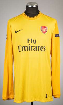 Lukasz Fabianski yellow Arsenal no.21 goalkeeper's jersey, season, 2009-10,
 Nike, long-sleeved with UEFA STARBALL and RESPECT sleeve badges, club cre