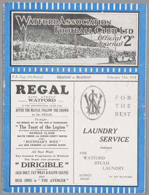 Watford v Bradford Park Avenue programme 13th February 1932,
 F.A. Cup 5th Round