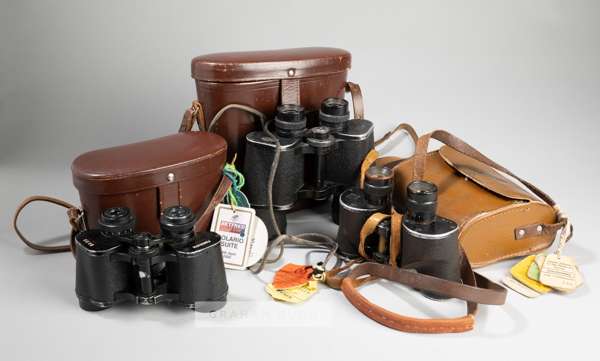 A set of Carl Zeiss Jena Jenoptem 7 x 50W black binoculars belonging to Stan Mellor MBE,
 stamped STAN MELLOR and his telephone number LAMBOURN 71485 