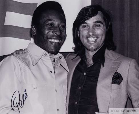 A large black and white portrait photograph of Pele and George Best, 
 signed in black marker pen on the front by Pele and accompanied by a certificat