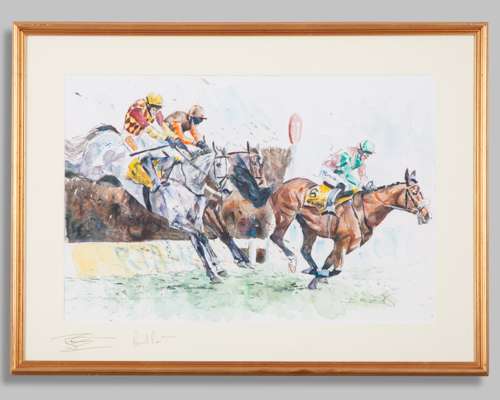 David Pipe and Tom Scudamore signed David Dent watercolour of the 2014 Ryanair Chase