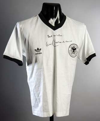 Franz Beckenbauer signed white West Germany No.5 replica international football jersey, signed in black marker pen and inscribed BEST WISHES