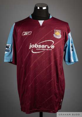 Danny Gabbidon claret and blue No.4 West Ham United short-sleeved shirt, 2005-07, 
 Reebok, L, with crew-neck collar and printed badge, the reverse le