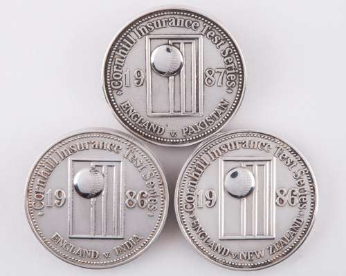 Dickie Bird three white-metal Cornhill Insurance England Test Series medals, 1986-87