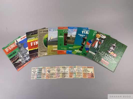 A run of ten F.A. Cup Final programmes, 1970 to 1979 all played at Wembley
 1970 with replay programme, ticket stubs, 45rpm, rosette etc, all with tic